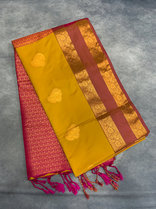 Soft Vegan Silk Saree Yellow Colour with Rettai Pettu Border