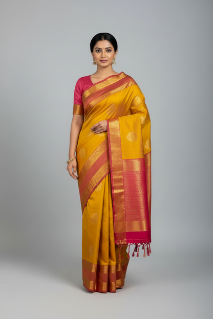 Soft Vegan Silk Saree Yellow Colour with Rettai Pettu Border