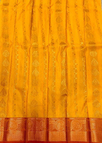 Vegan Silk Saree Golden Yellow Colour with Copper Border with Flower Design