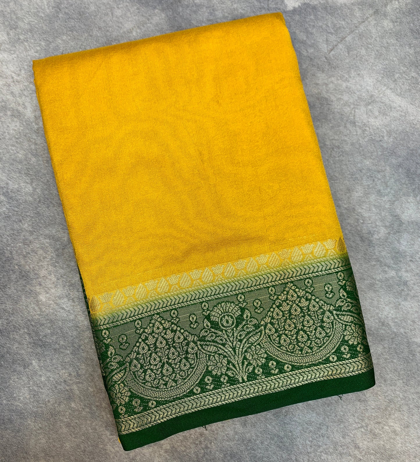 Crepe Saree Yellow Colour with Green Border