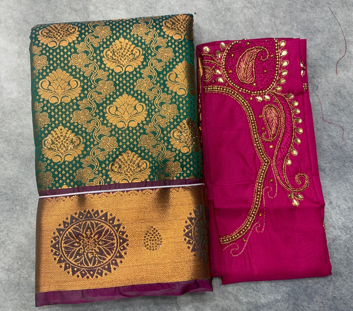 Bridal Vegan Silk Saree Peacock Green shade with Pink Border with Unstitched blouse in Aari Work