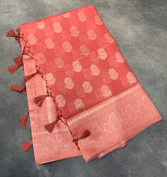 Banaras Katan Saree Tomato Pink Colour with Katan Work Border