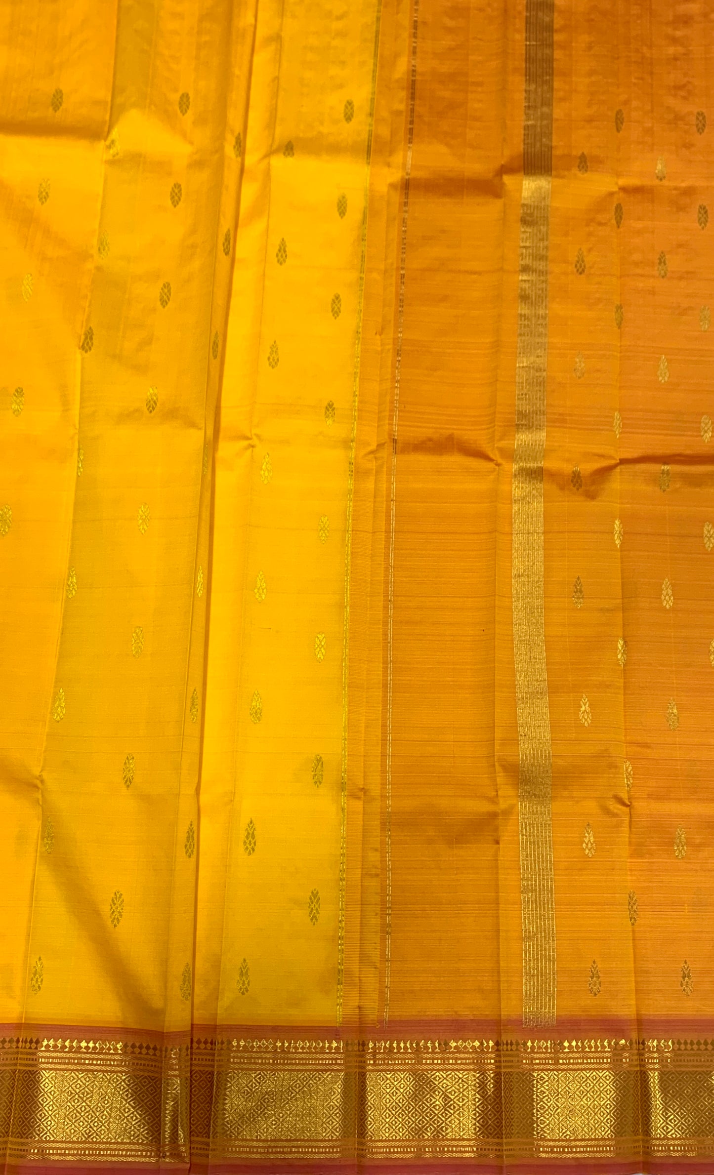 Pure Kanchipuram Silk Saree Mango Yellow shade with Golden Zari Border