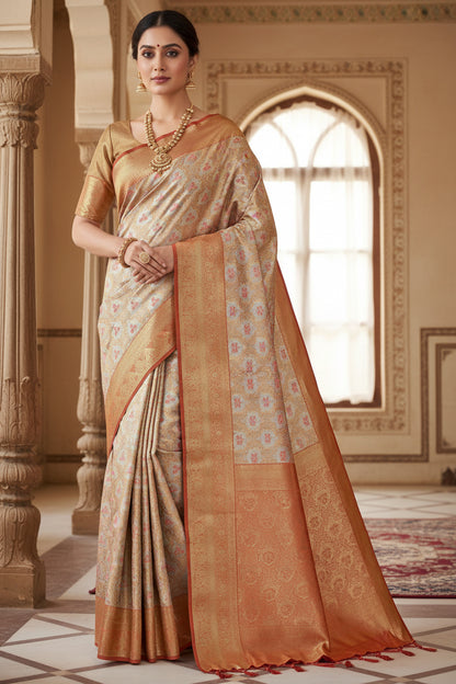 Golden Orange Colour Soft Kanchi Tissue Pattu Saree with Large Orange Border