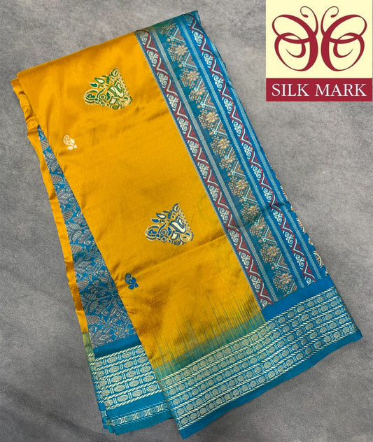 Pure Kanchipuram Silk Mustard Yellow Colour with Sky Blue Colour Thread Work Border