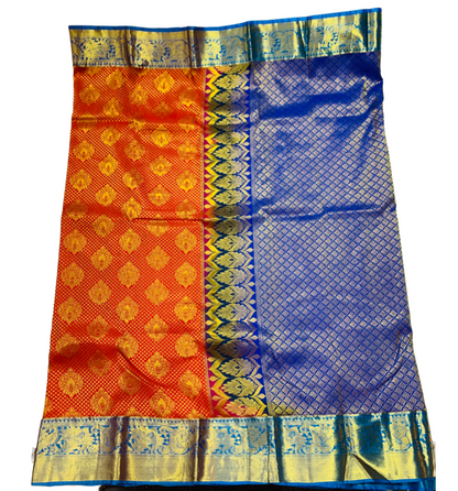 Vegan Silk Saree Red Shade with Golden and Blue Border