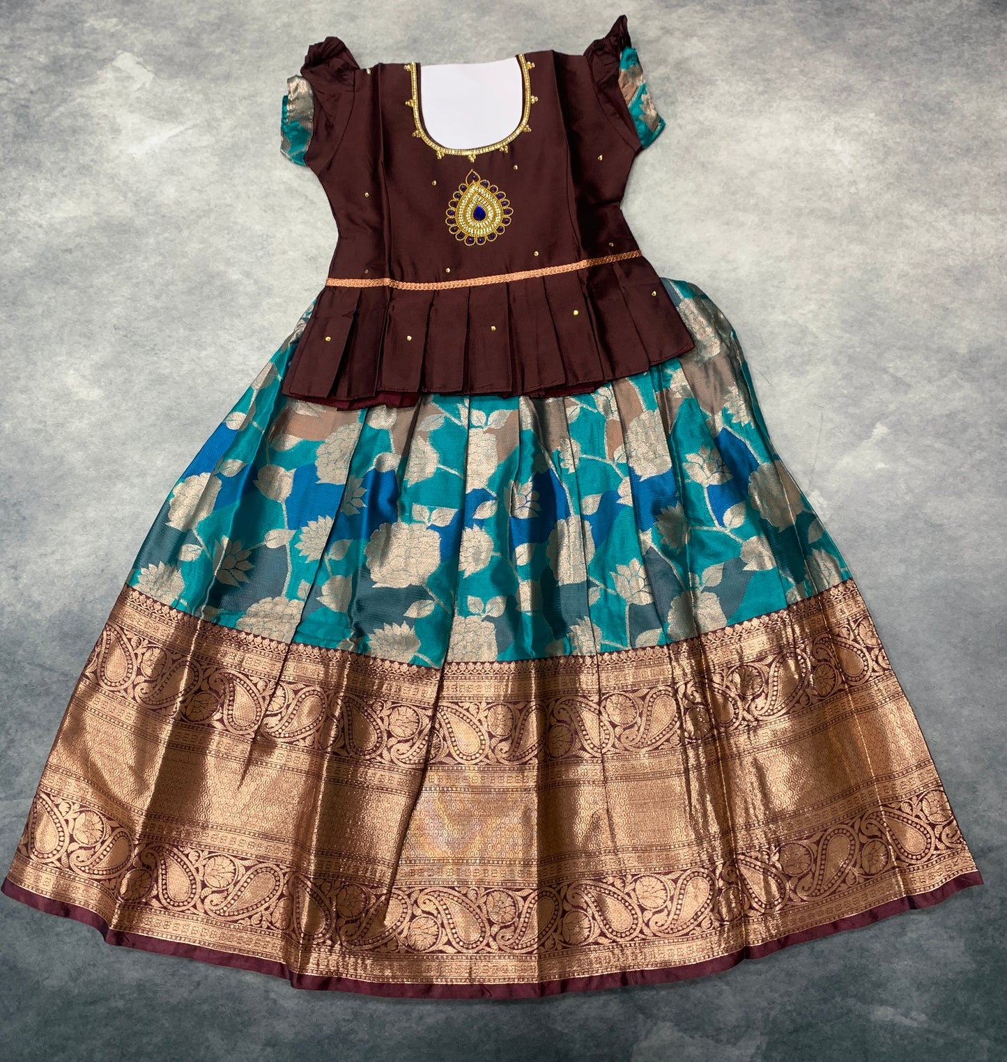 Ready To Wear Sky Blue Pavadai with Contrast Brown Blouse