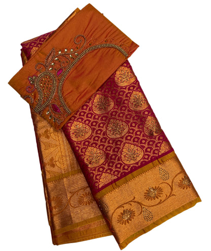 Bridal Vegan Silk Saree Pink Colour with Golden Yellow Border with Unstitched blouse in Aari work