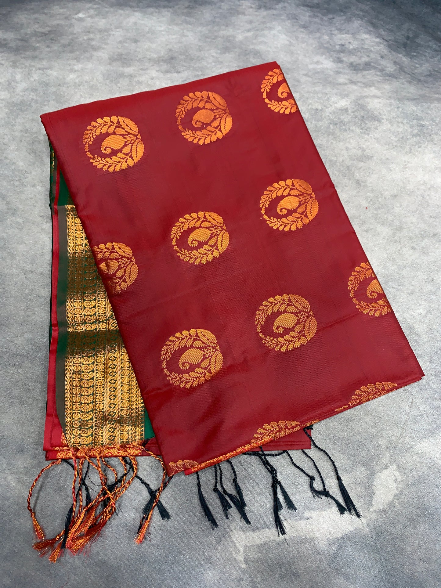 Soft Vegan Silk Saree Maroon Colour with Green and Copper Border