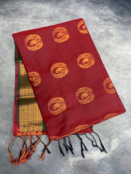 Soft Vegan Silk Saree Maroon Colour with Green and Copper Border