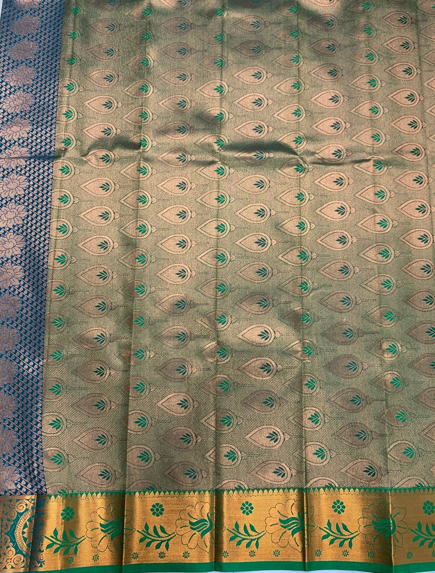 Vegan Silk Saree Rama Blue with Green and Floran Design