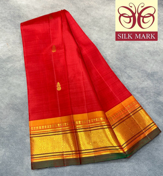 Pure Kanchipuram Silk Saree Red Colour with Green and Gold Zari Border