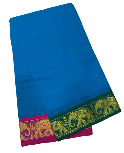 9X5 Cotton Dhoti Sky Blue Colour with Green and Pink Border