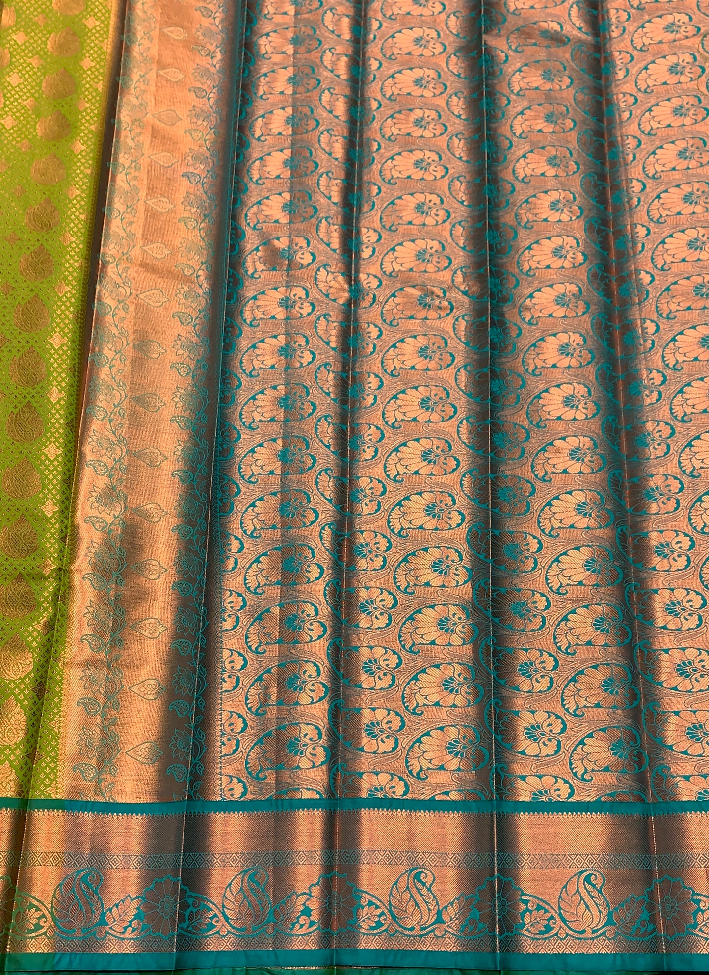Vegan Silk Saree Lime Green Colour with Green and Copper Border