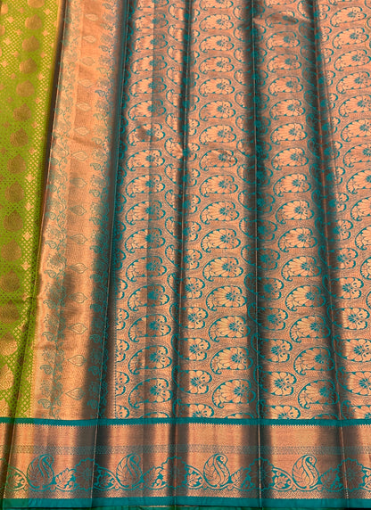 Vegan Silk Saree Lime Green Colour with Green and Copper Border