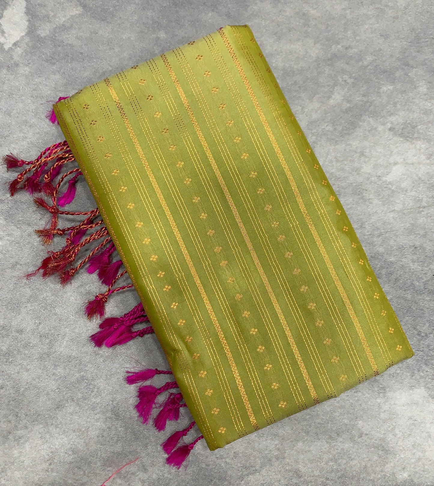 Soft Vegan Silk Saree Pista Green Colour with Pink and Copper Border
