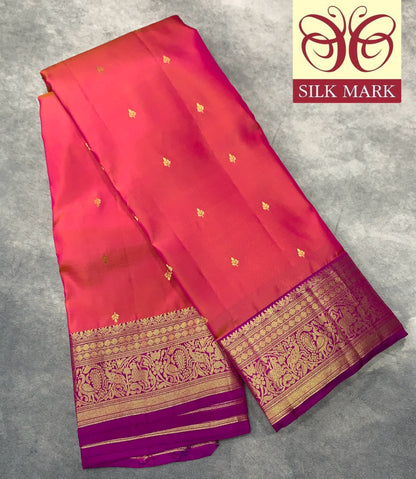 Pure Kanchipuram Silk Saree Dual Colour with Contrasting Magenta Border and Gold Detailing