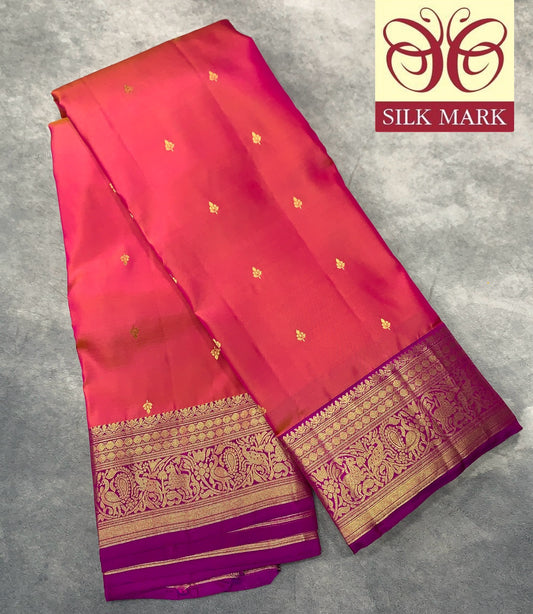 Pure Kanchipuram Silk Saree Dual Colour with Contrasting Magenta Border and Gold Detailing