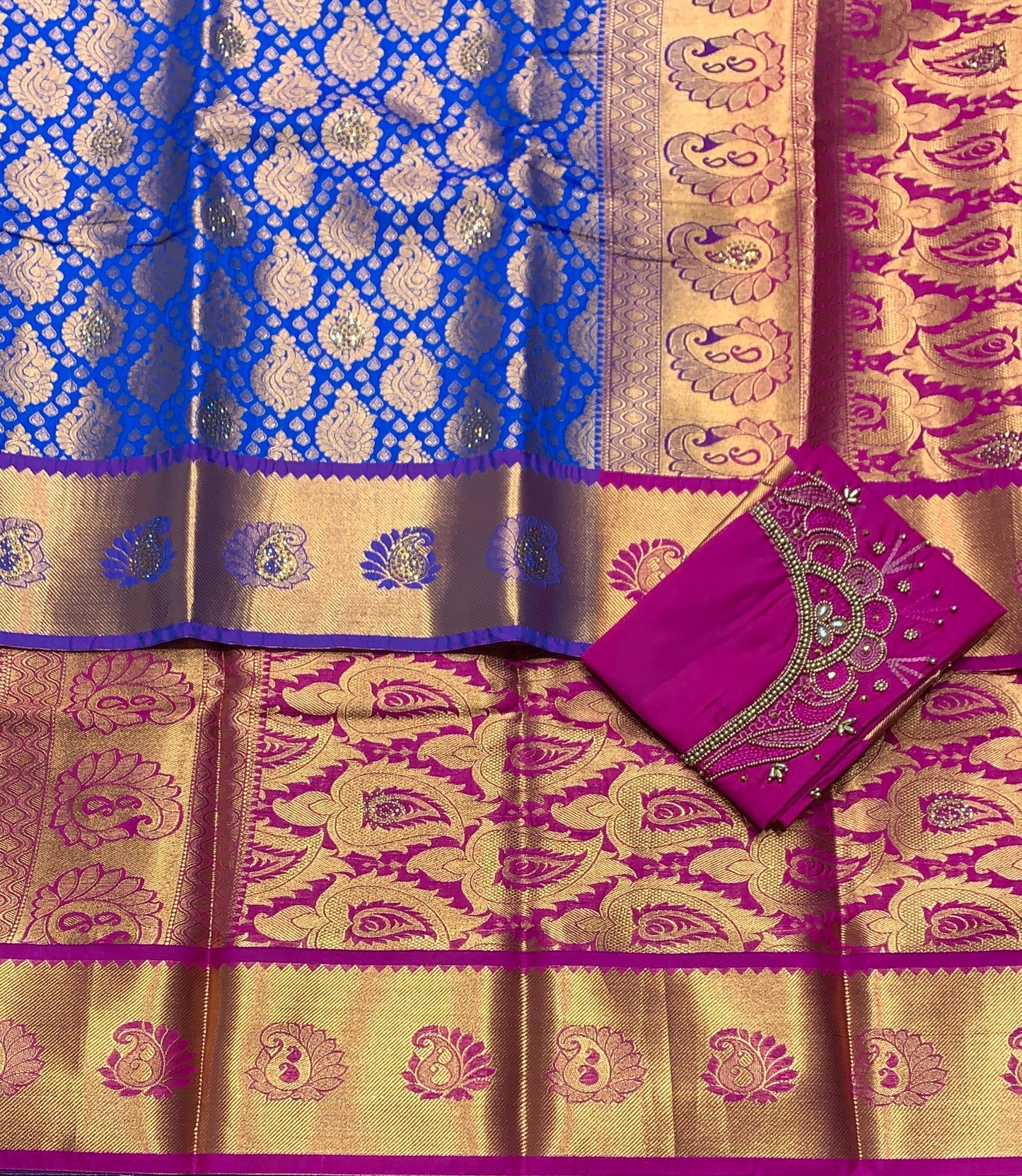 Bridal Vegan Silk Saree Sky Blue Colour with Purple Border with Unstitched blouse in Aari Work