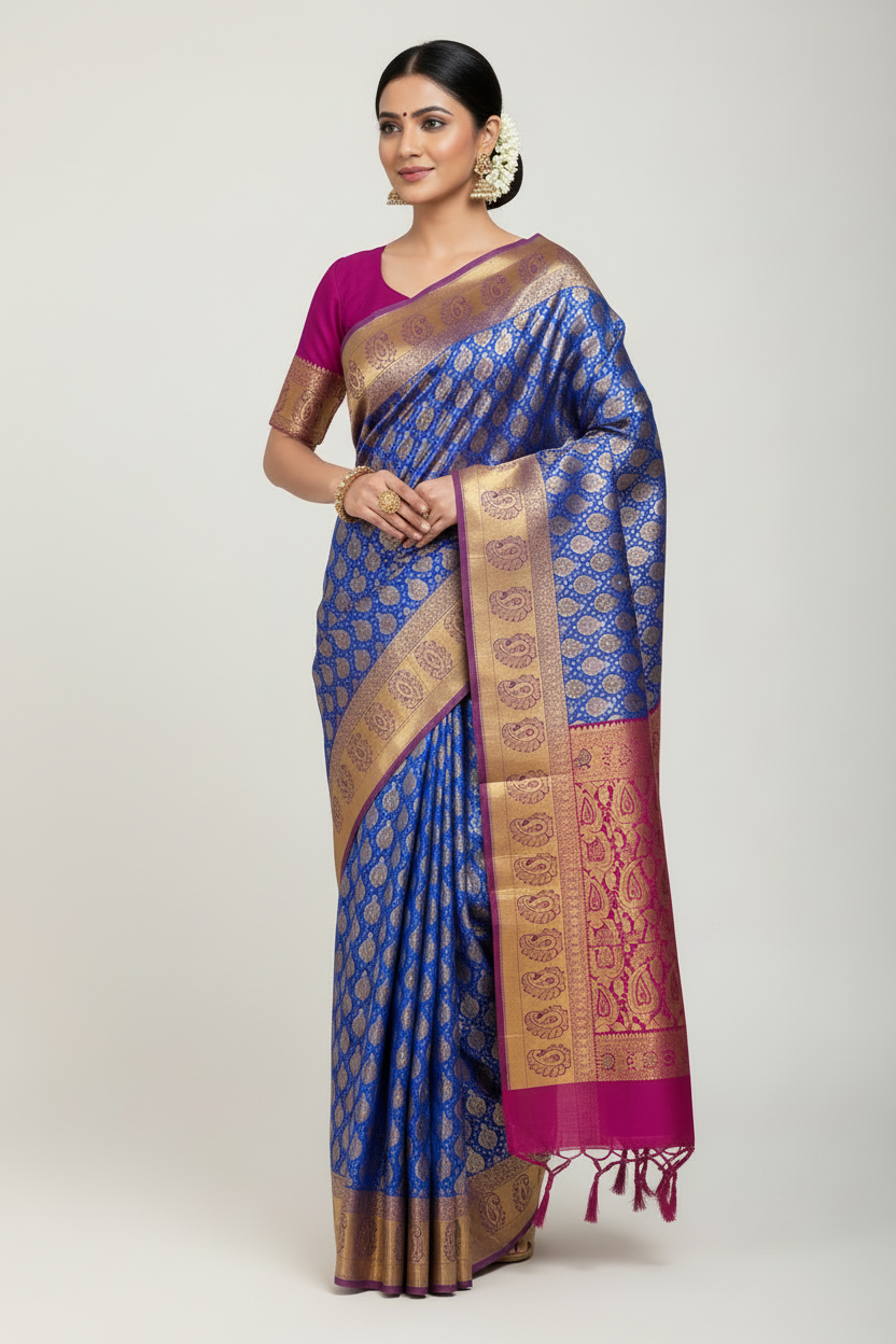 Bridal Vegan Silk Saree Sky Blue Colour with Purple Border with Unstitched blouse in Aari Work