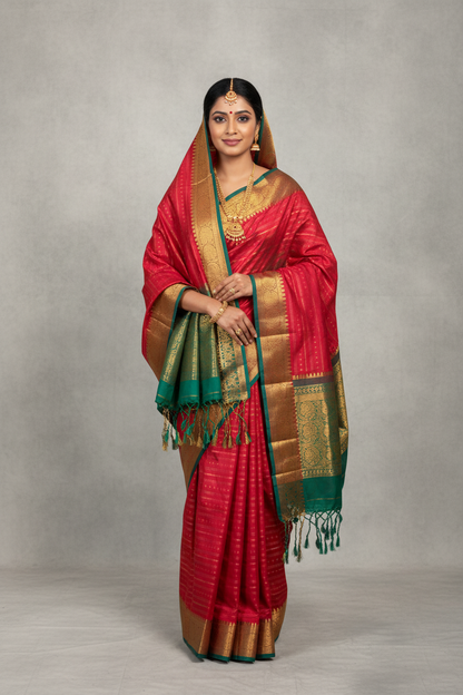 Soft Vegan Silk Saree Pink Colour with Rama Green and Copper Border