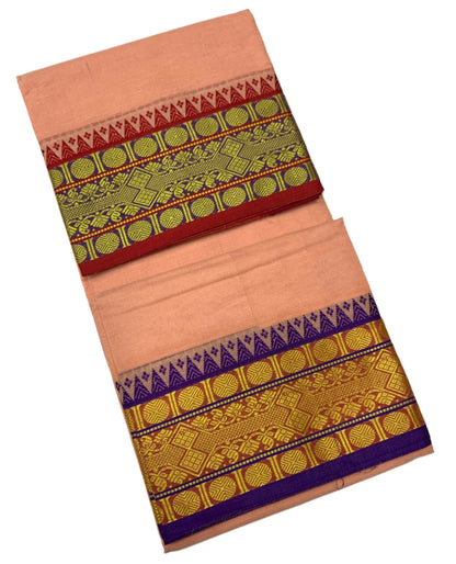 9X5 Cotton Dhoti Peach Colour with Red and Blue Border