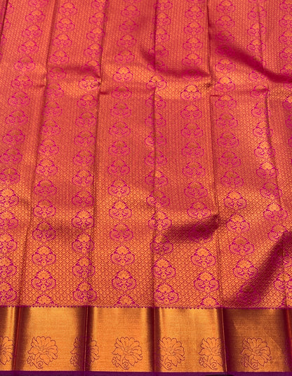 Vegan Silk Saree Pink Colour with Copper and Magenta Border