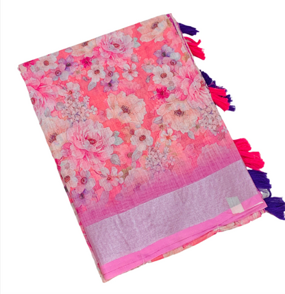 Jute Cotton Saree Pink Shade with Thread Border