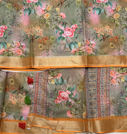 Jute Cotton Saree Gray Shade with Thread Border