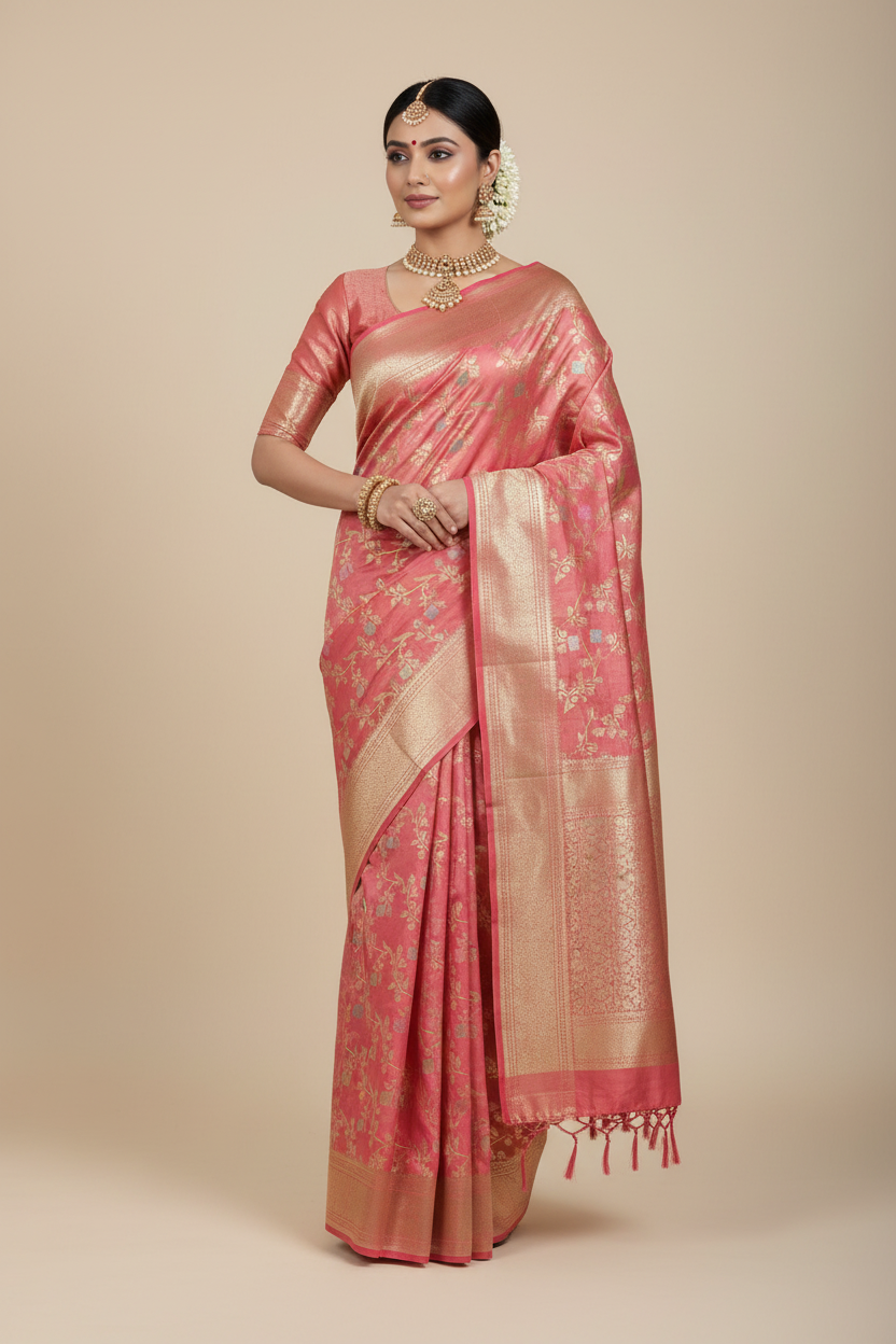 Meenakari Banaras Tissue Silk Saree Peachish Pink Colour