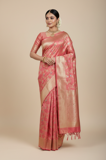Meenakari Banaras Tissue Silk Saree Peachish Pink Colour