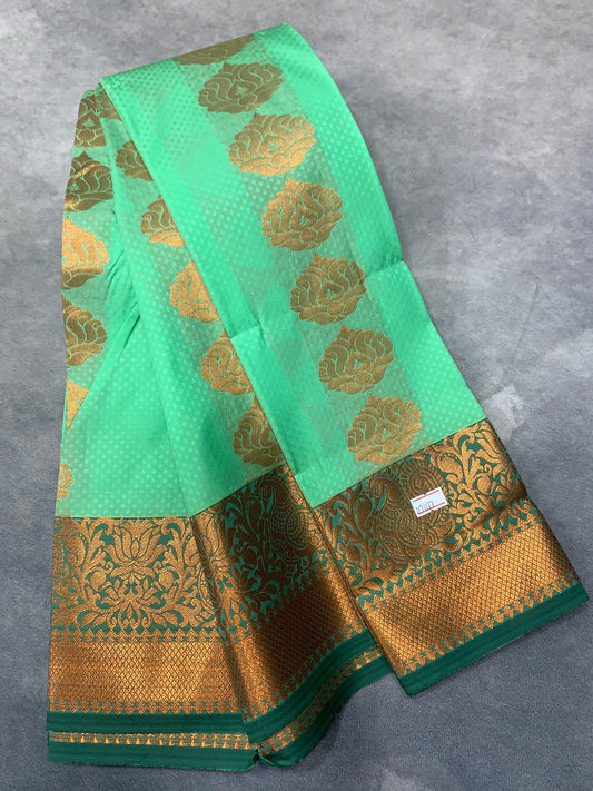 Vegan Silk Saree Light Green Colour Saree with Copper and Green Border