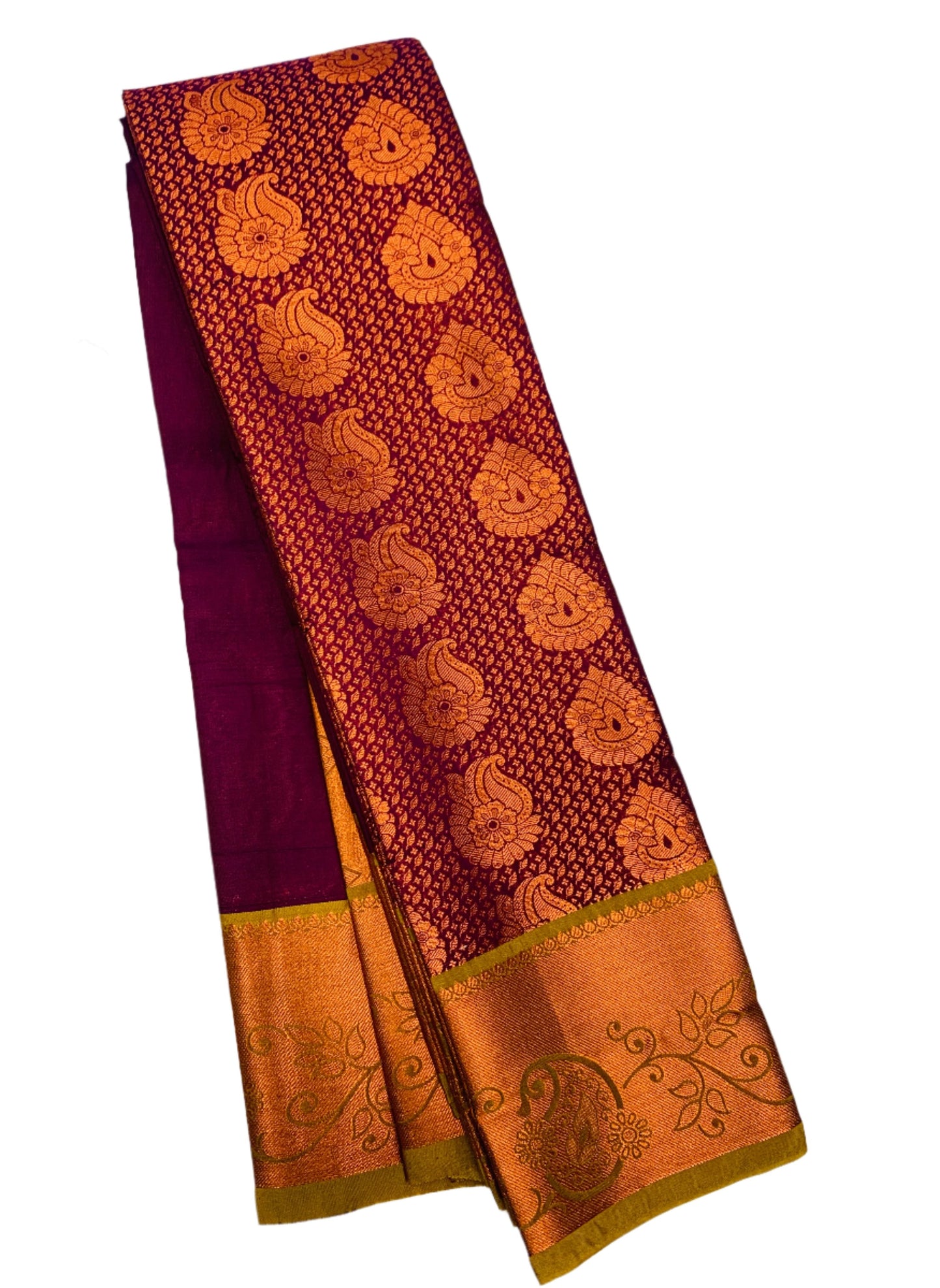 Vegan Silk Saree Maroon Colour with Copper and Golden Yellow Border