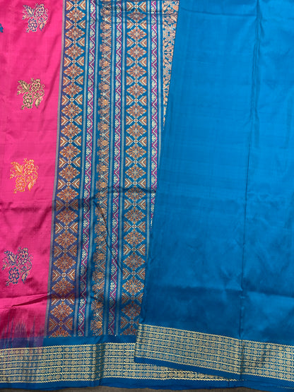 Pure Kanchipuram Silk Pink Colour with Sky Blue Colour Thread Work Border