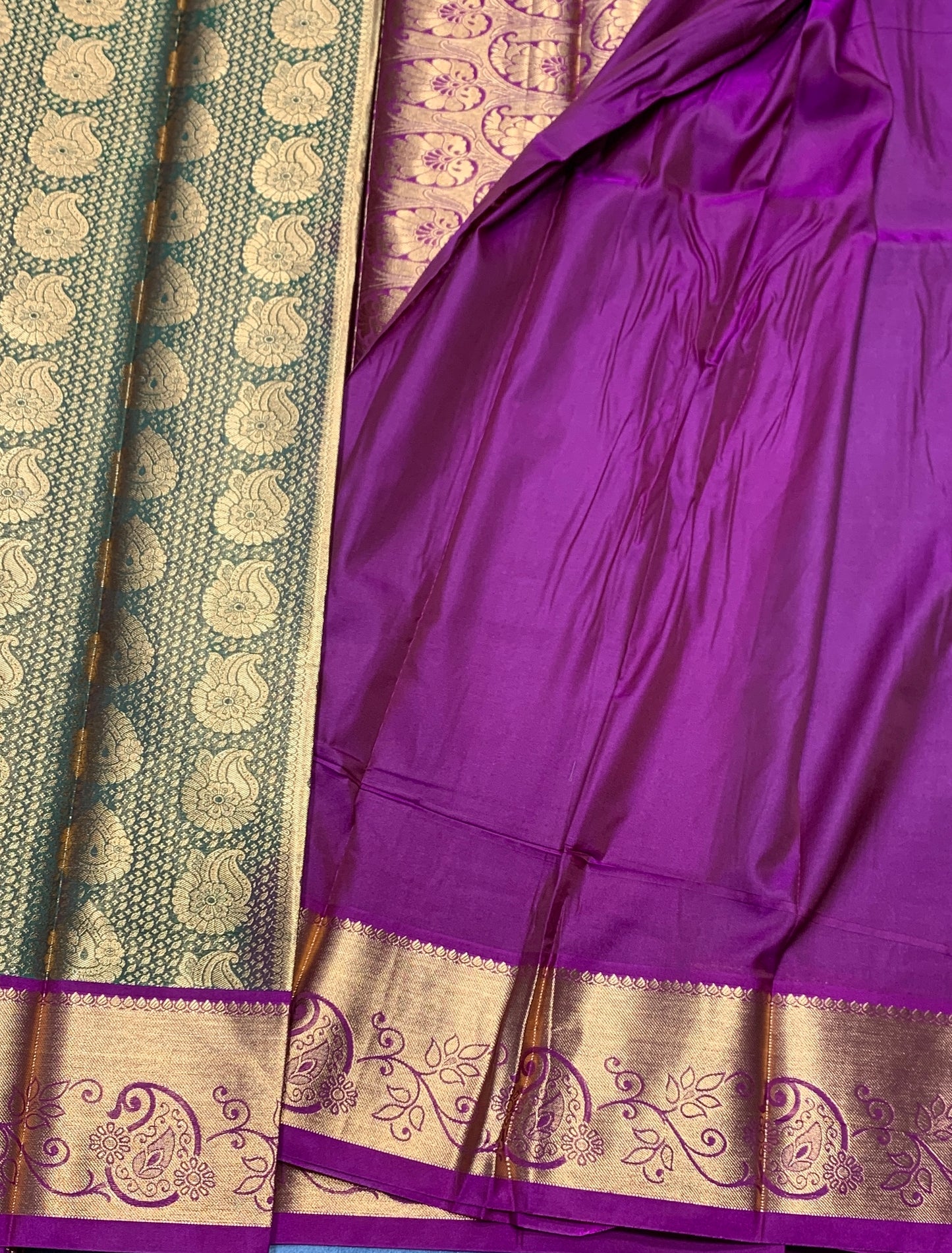 Vegan Silk Saree Olive Green Colour with Pink and Copper Border