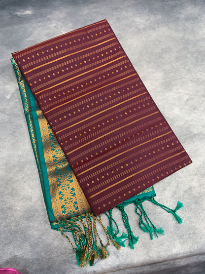 Soft Vegan Silk Saree Brown Colour with Rama Green and Copper Border