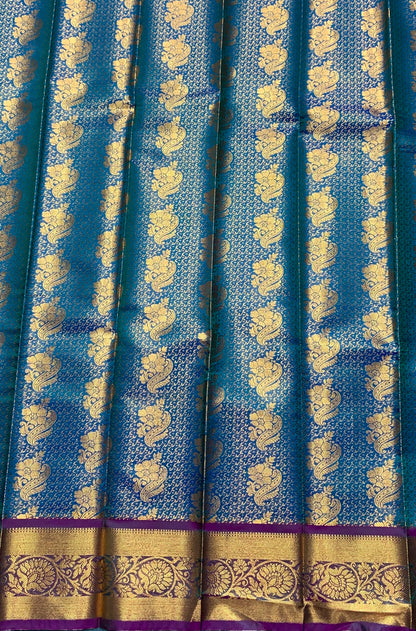 Vegan Silk Saree Peacock Blue Colour with Copper and Magenta Border