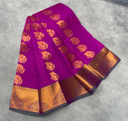 Vegan Silk Saree Pink Colour Saree with Copper Border