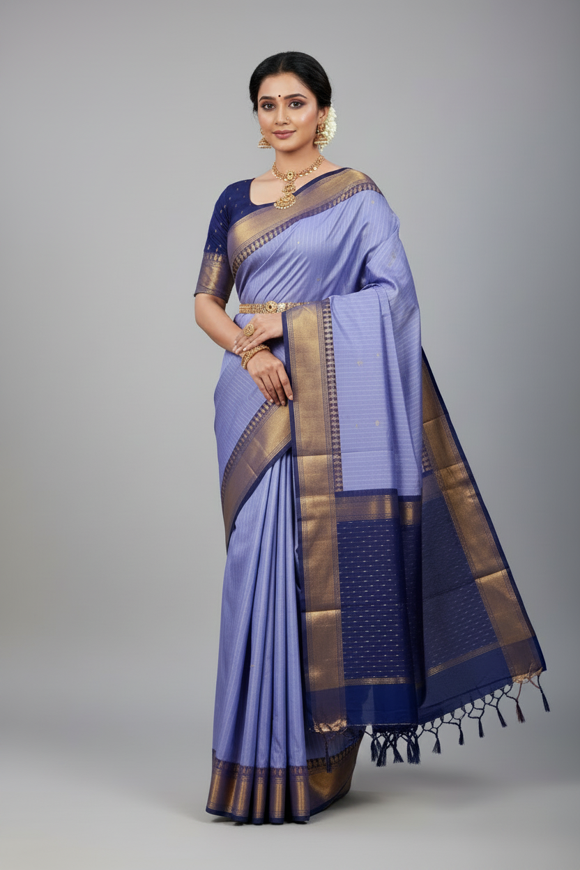 Arani Silk Saree Sliver Blue Colour Navy Blue Border