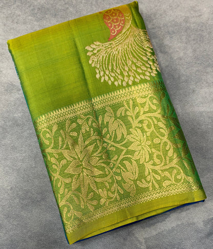 Pure Kanchipuram Silk Saree Peacock Blue Colour with Metalic Golden Zari Border