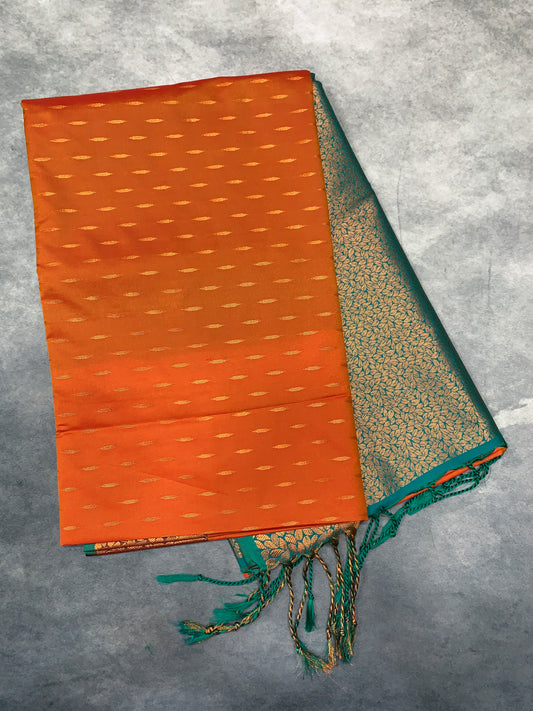 Soft Vegan Silk Saree Light Orange Colour with Green and Copper Border