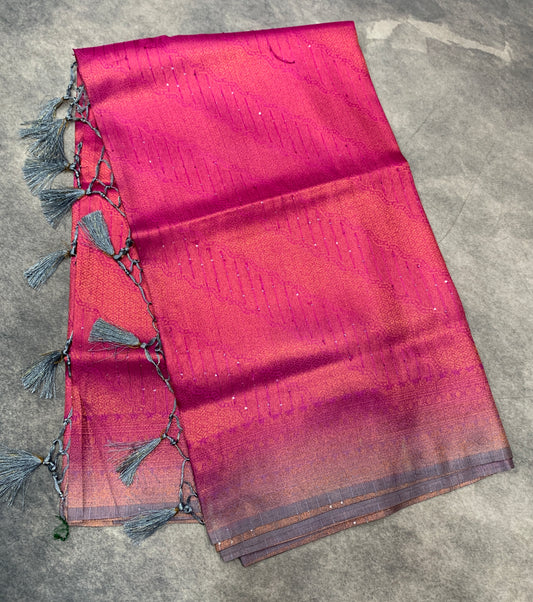 Soft Silk Saree Pink Colour and Stone Work with Gray Colour Pallu