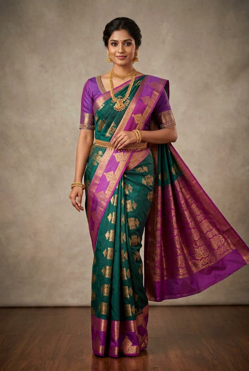 Soft Silk Casual Saree Green with Rettai Pettu Magenta Colour Border