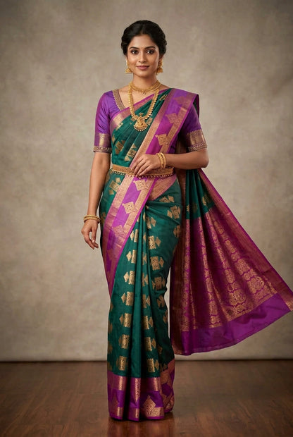 Soft Silk Casual Saree Green with Rettai Pettu Magenta Colour Border
