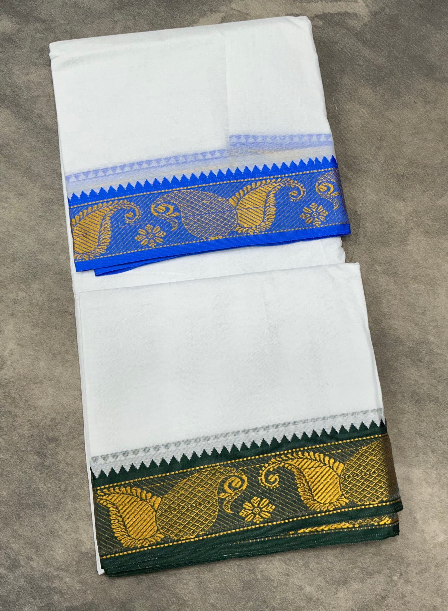 9X6 Cotton Dhoti White Colour with Sky Blue and Green Border with Angavastram