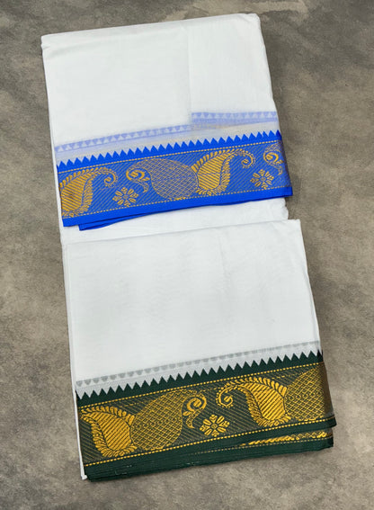 9X6 Cotton Dhoti White Colour with Sky Blue and Green Border with Angavastram