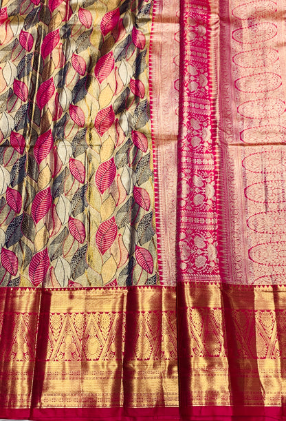 Pink & Navy Blue Leaf Soft Kanchi Tissue Pattu Saree with Pink border