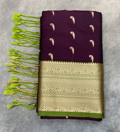 Art Silk Saree Dark Magenta Colour with Olive Green Colour Border