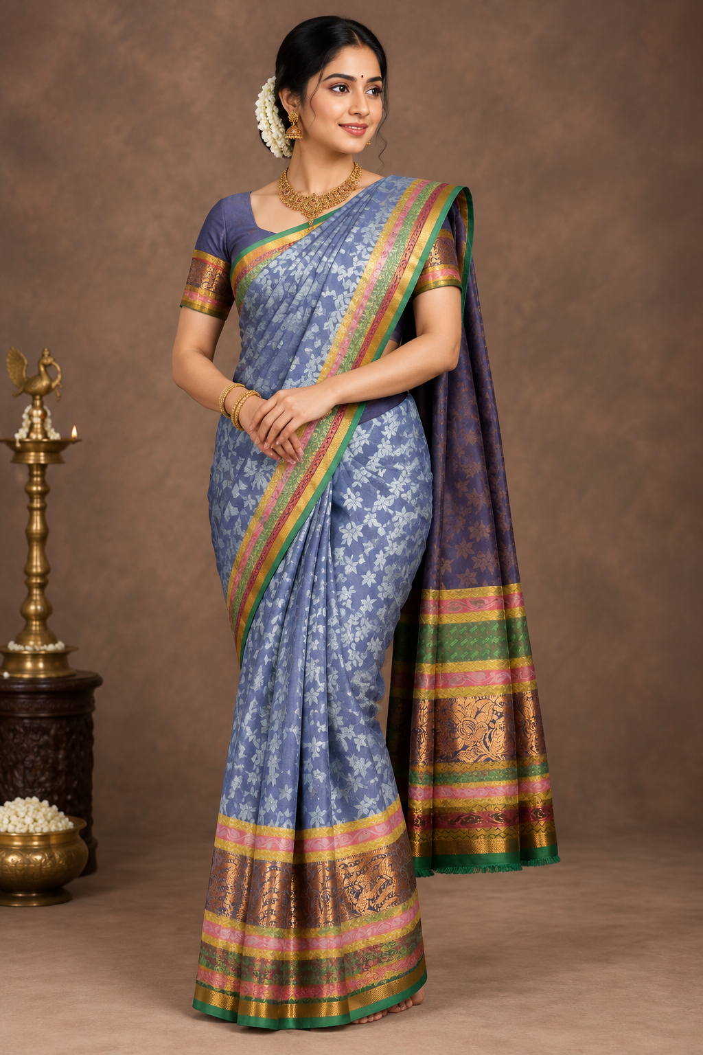 Synthetic Cotton Saree Light Sky Blue Colour with Vibrant Multicolour Border