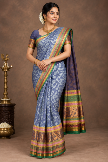 Synthetic Cotton Saree Light Sky Blue Colour with Vibrant Multicolour Border
